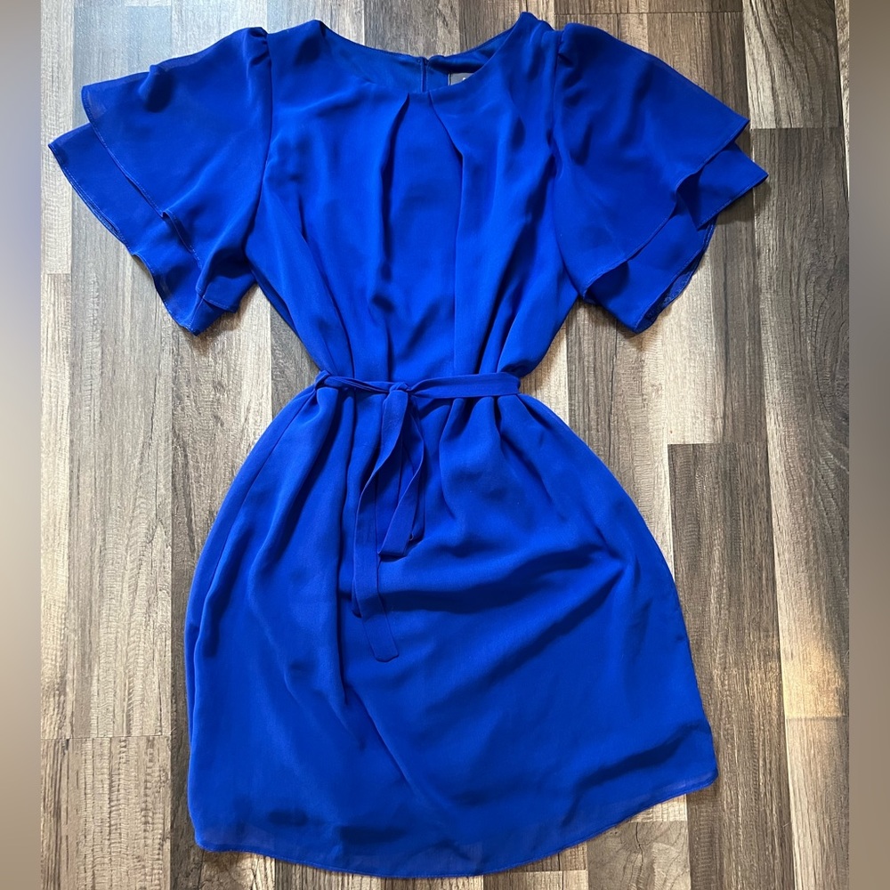 Royal blue short sleeved tie belt dress